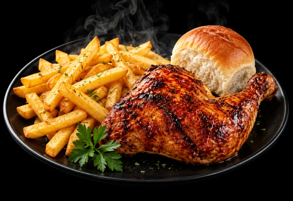Quarter chicken, chips & a roll